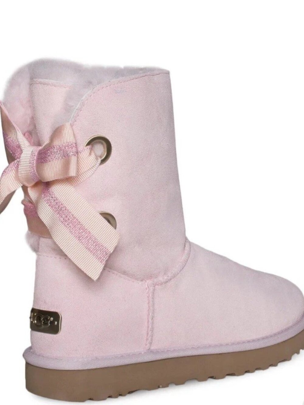 NWT UGG CUSTOMIZABLE BAILEY BOW SEASHELL PINK SHORT SUEDE BOOTS Sz US 7